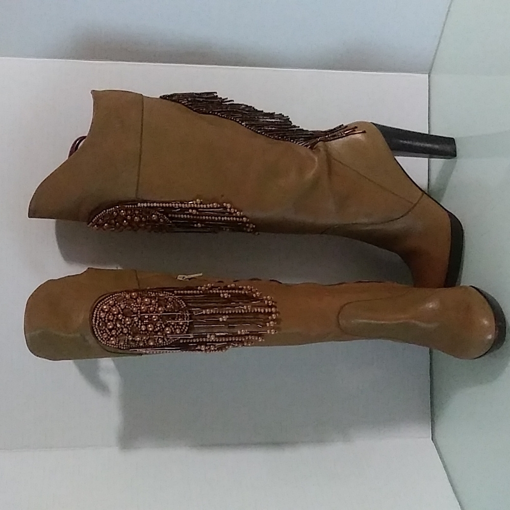 Isabella Fiore Tan Heeled Boots with Beaded Fringe